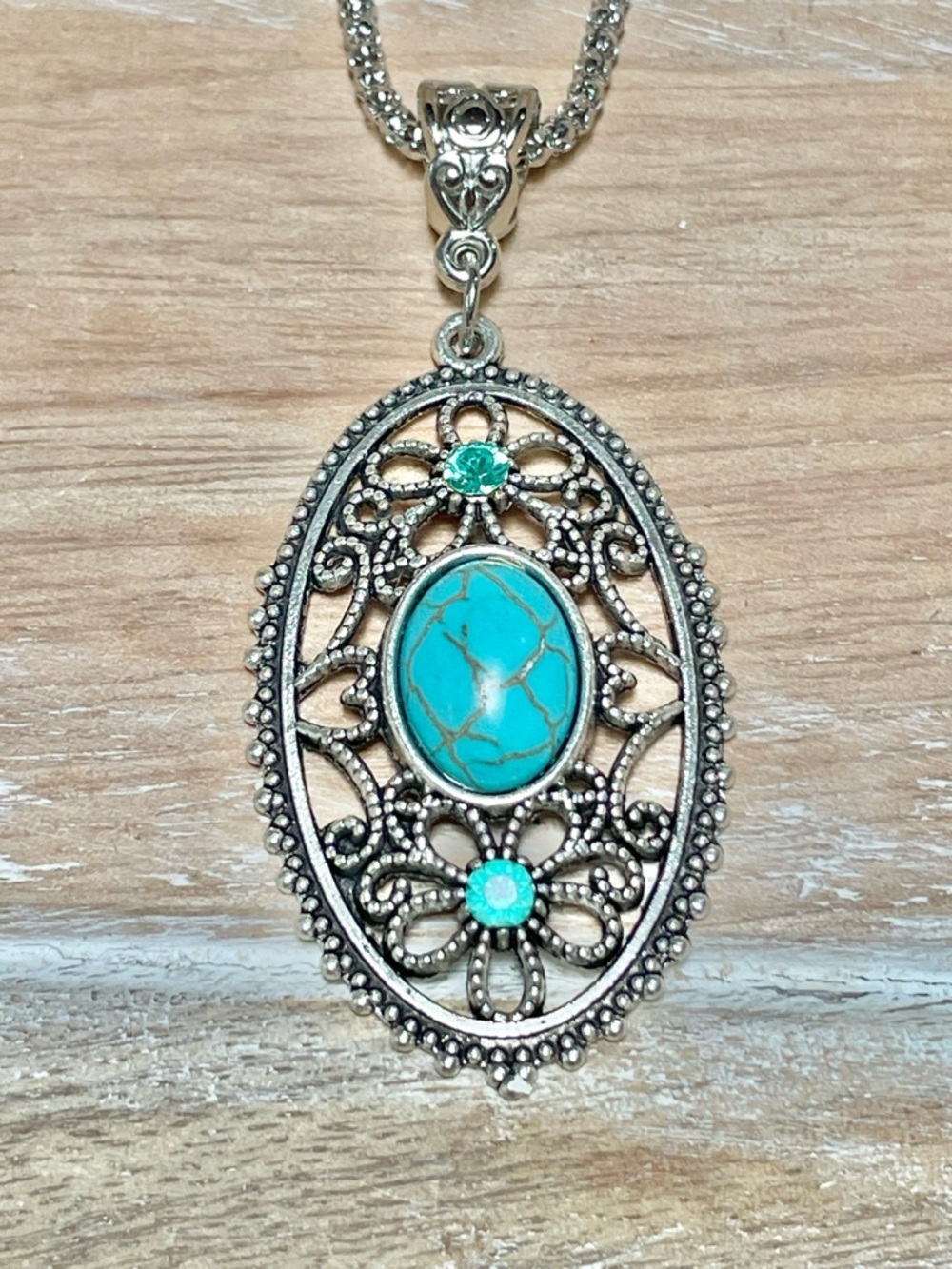 Silver Filigree Turquoise Oval Pendant Necklace - Women Jewelry - Picture 2 of 4
